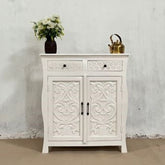 Indian Handmade Carved Solid Hard Wood 2 Door and 2 Drawer Cabinet White 02